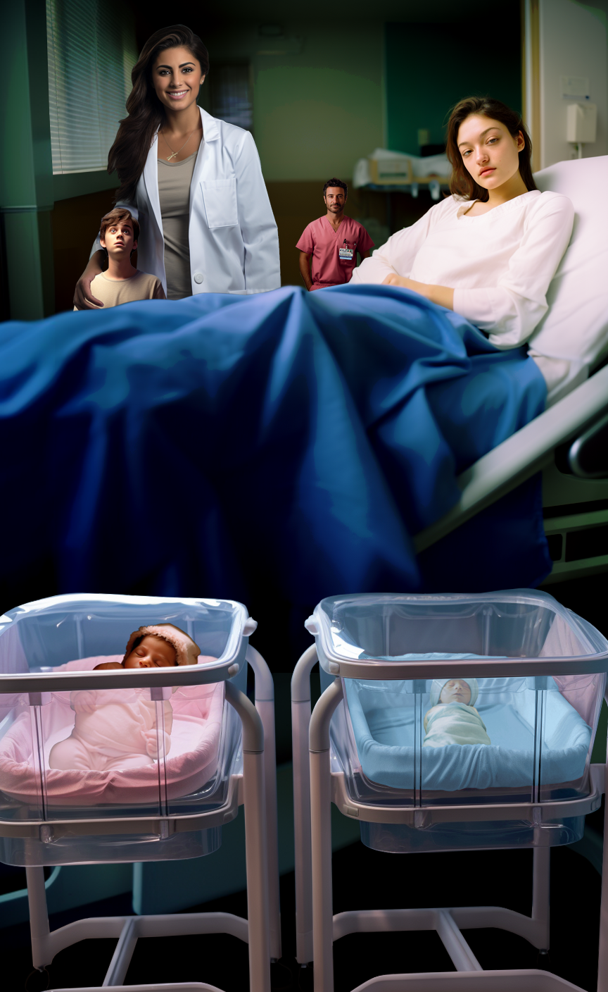 In the foreground are two hospital bassinets. The newborn baby in the bassinet with pink blankets is twice the size of the baby in the bassinet with blue blankets. Behind the bassinets the young woman who has given birth is sitting up in her hospital bed wearing a white gown under the blue blankets. Behind her, a tall Hispanic female doctor wearing a lab coat and scrubs has a comforting hand on the shoulder of the tiny man at her side, who is only eye level with her navel. In the background, a tiny man wearing pink scrubs is waiting patiently to assist.