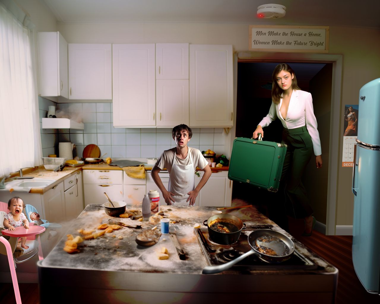 A small man stands in the middle of a kitchen that is a messy disaster. His is wiping his hands on his apron and looks completely overwhelmed. Behind him, his towering wife has just returned home from work and she is not happy. On the left side of the frame, two babies are sitting in high chairs. The baby in the pink high chair is twice the size of the baby in the blue high chair.