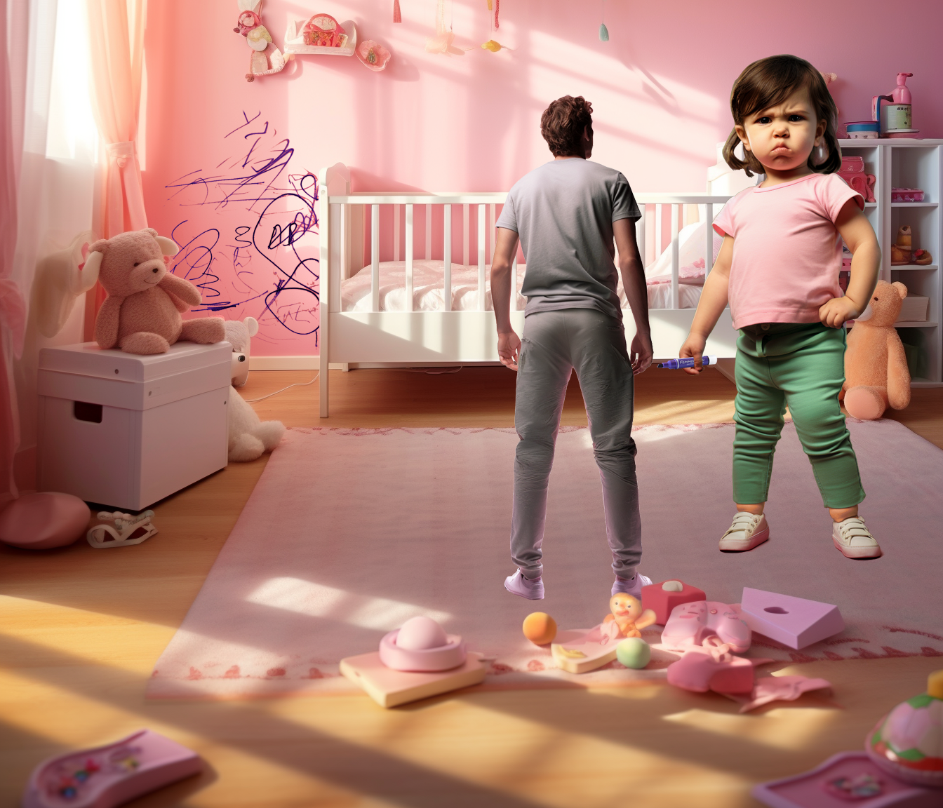 A tiny man and a giant female toddler are standing in a pink little girl's nursery. The man is wearing and old gray t-shirt and gray sweatpants and has his back to the camera. The giant girl is holding a purple marker. There are purple scribbles on the wall behind them.