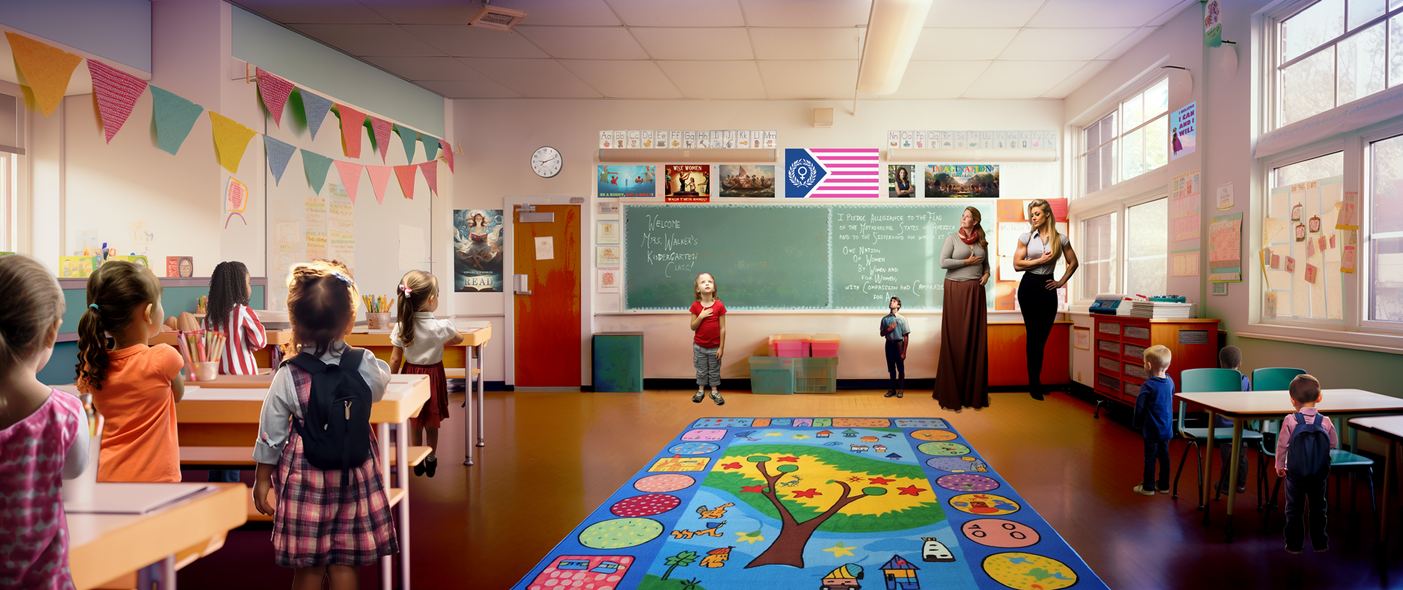 In a kindergarten classroom, the students are standing for the pledge of allegiance. The giant girl students are sitting on one side of the classroom at large tables while the boy students are still on the other side of the classroom at small tables. At the front of the classroom, the pledge of allegiance is written on the chalkboard. A giant kindergarten girl is leading the pledge, joined by a tiny man who is quite a bit shorter. Two teachers tower over both the kindergarten girl and the tiny man.