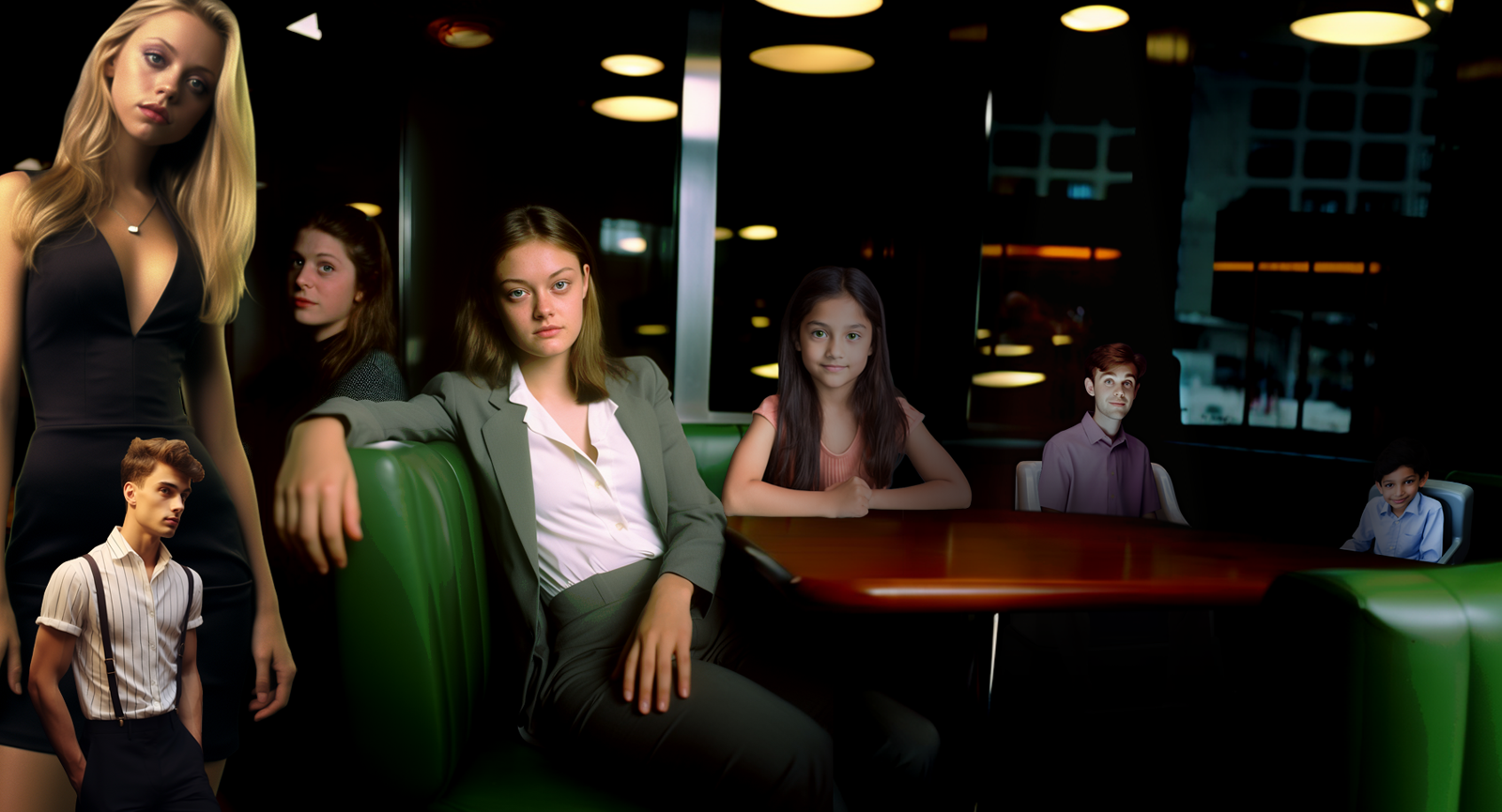 A family is seated at the corner booth of a nice restaurant. The mother and daughter are much larger than the father and son. The mother is dress in professional business attire. The father and son are sitting on booster seats. Standing near their both is a gigantic blonde woman in a revealing black dress, and a much smaller man dressed fashionably with a tight fitting shirt, dress pants, and suspenders.