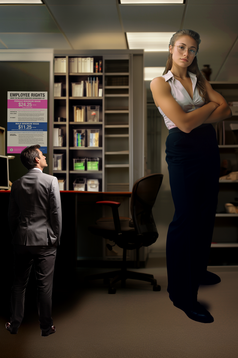 A brother and sister are standing in an office. The brother is older but half the sister's height. He is wearing a grey suit, while she is wearing dark slacks and a sleeveless white blouse. She is definitely the one in charge.