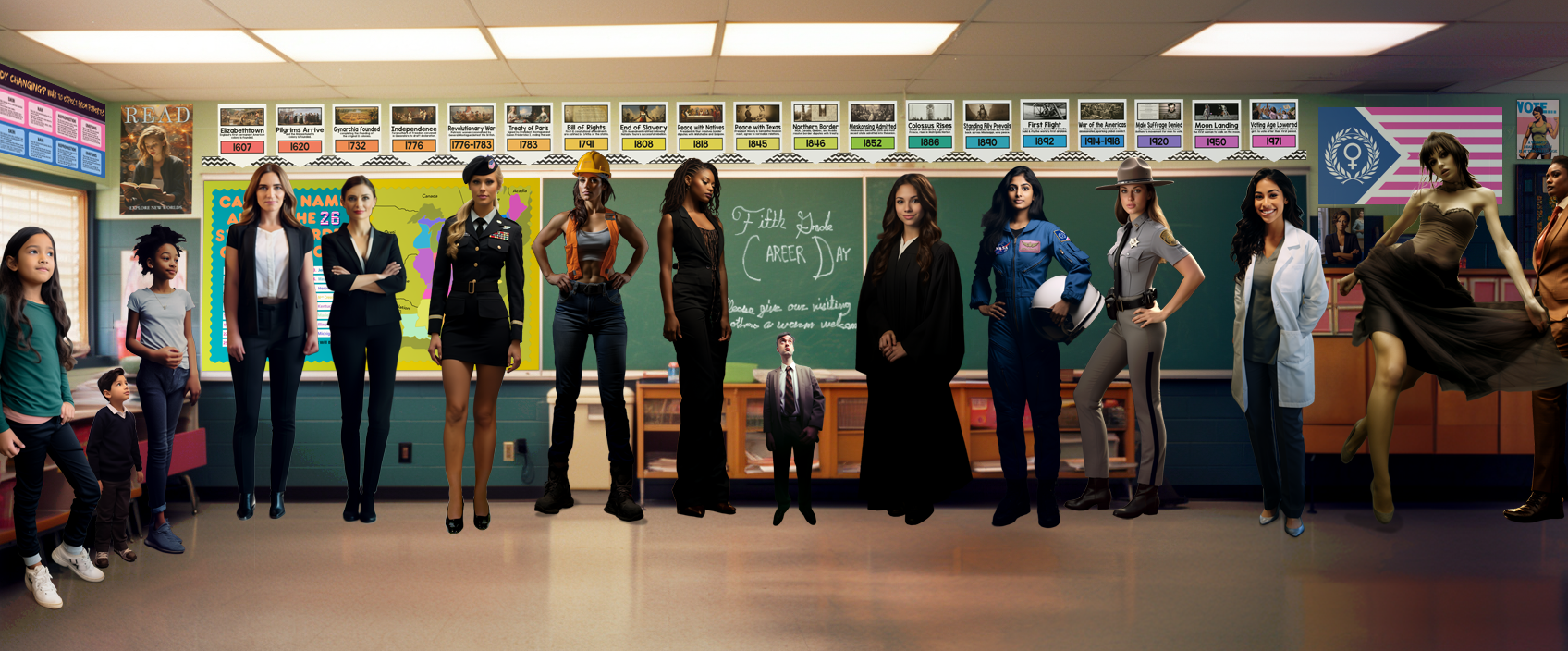 Eleven towering female professionals are lined up along the front of a classroom, with one tiny man in a suit half their height in the center looking up uneasily. The chalkboard reads: Fifth Grade Career Day. Please give our visiting mothers a warm welcome. Two schoolgirls are watching from the side of the classroom, along with one schoolboy less than half their height.