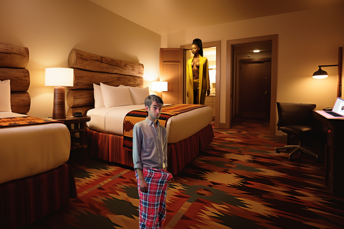 A small man is standing in a Native American-themed hotel room wearing a long-sleeve button down dress shirt and pajama bottoms. He is embarrassed about a very prominent erection. In the background, a tall African American woman has just come out of the bathroom wearing a yellow bathrobe that is open in the front.