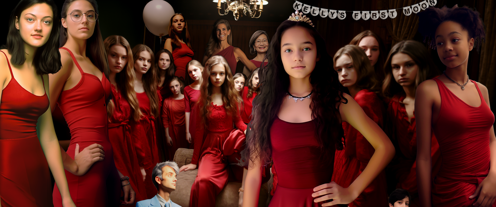 In a dark musty room, a bunch of young women are gathered wearing bright red dresses. A banner hanging from the ceiling reads: Kelly's First Moon. Kelly is wearing a tiara with a moon stone embedded at the center. In the foreground, Kelly's father is half her height, wearing a powder blue suit. Only the top half of Kelly's brother's head is visible.