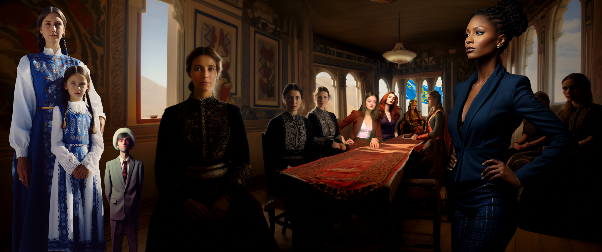 A group of statuesque woman are seated around a long table in an Eastern European palace. Three of the women are wearing matching ceremonial robes. Two of the women are wearing western business attire. A fierce empress wearing a crown sits on a throne at the far end of the table. In the foreground, a young African American woman is standing wearing a navy blue business suit. To one aside, a tiny man wearing a gray businerss suit has a kubanka on his head. Towering over him are a grandmother and granddaughter wearing blue and white traditional dresses.