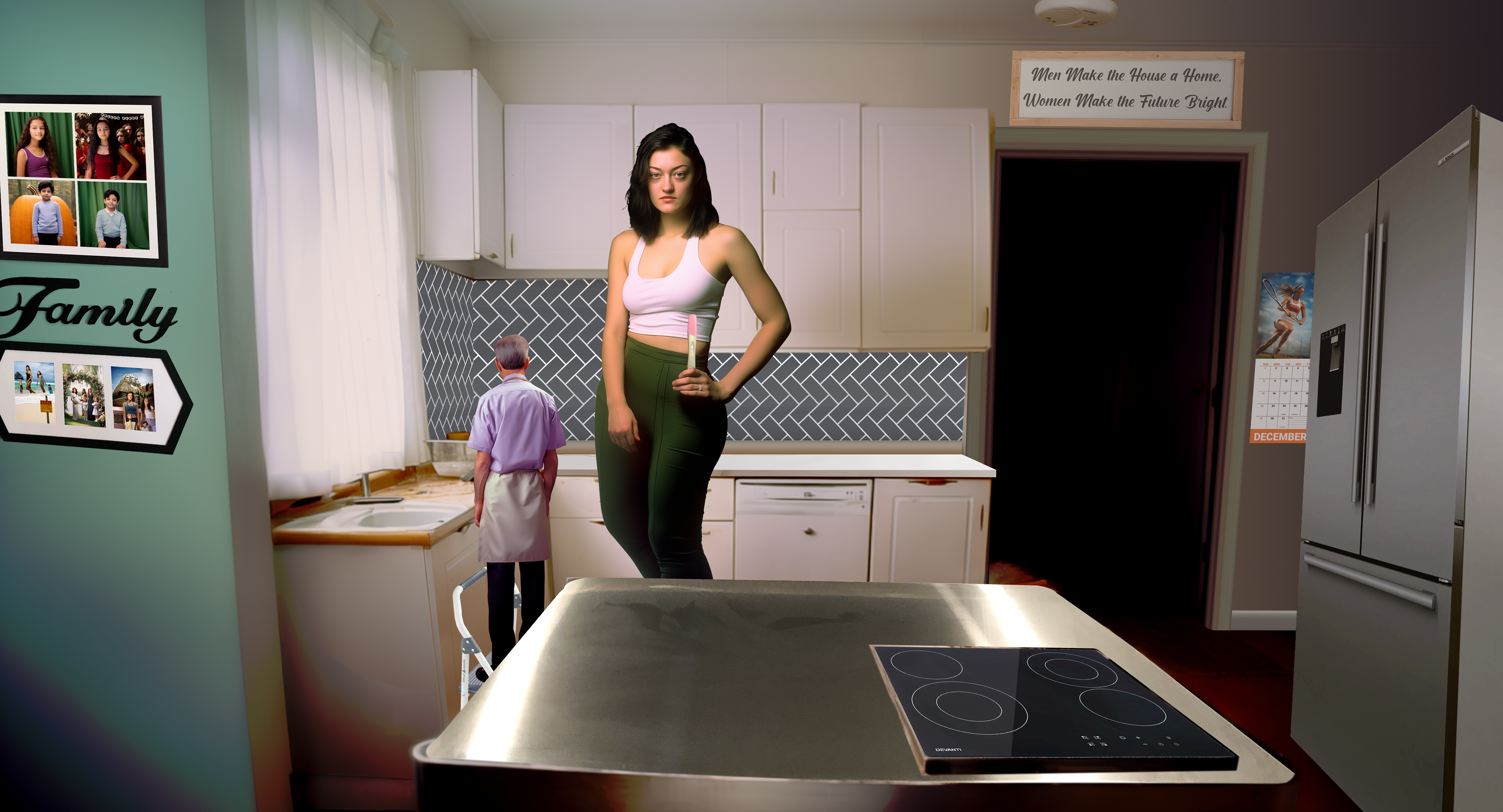 A giant woman is standing in a pristine kitchen holding up a positive pregnancy test. A tiny man on a stepstool is looking up from washing the dishes.