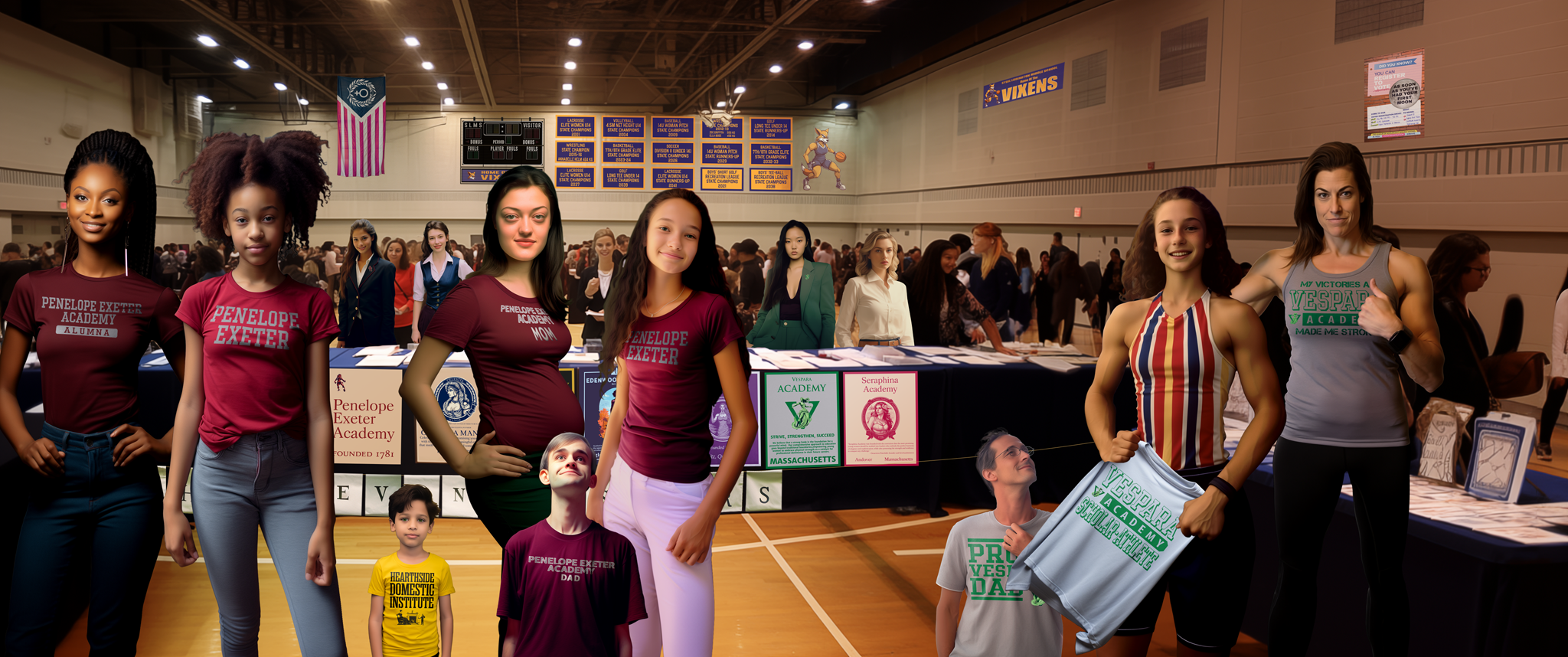 There are three families standing at a fair for high schools. The women in two of the families are wearing maroon shirts for Penelope Exeter Academy. The son of the middle family is wearing a yellow shirt for Hearthside Domestic Institute. The family on the right is wearing shirts for Vespara Academy.