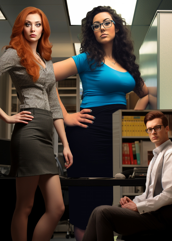 A young man is sitting at his desk. Two gigantic woman twice his height loom over him. The woman on the left has striking red hair while the woman on the right has black hair and glasses.