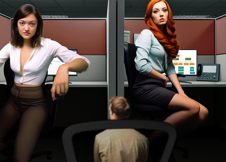 A tiny man in a swivel office chair that is far too large for him is facing the two gigantic women in the cubicles across the aisle from him. The woman on the right has ginger hair and is holding her stomach. An organization chart is visible on her computer monitor. The woman on the left has dark hair and mixed white and Asian features. She is wearing a mostly unbuttoned white blouse that reveals a tease of cleavage.