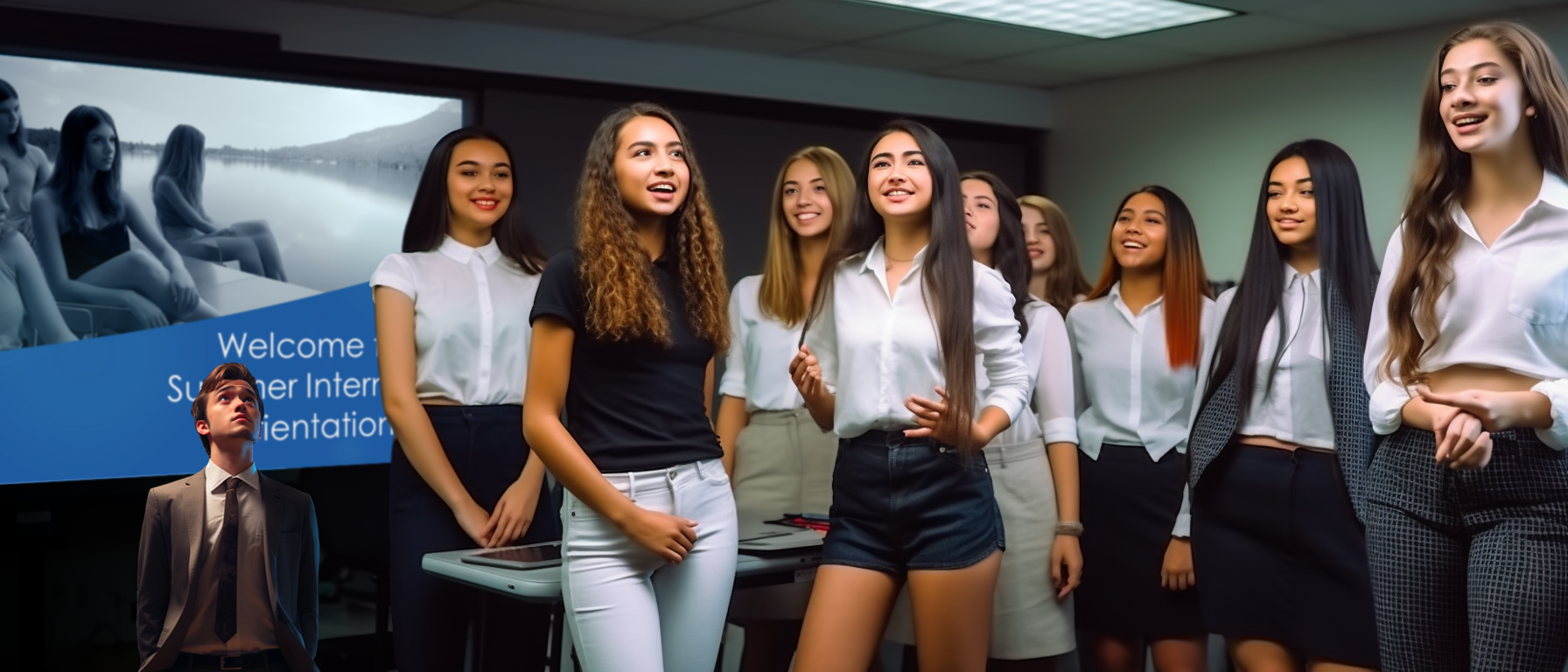 A tiny man is standing in front of a projected PowerPoint slide in a conference room. He is surrounded by female college students twice his height who are not paying him any attention.