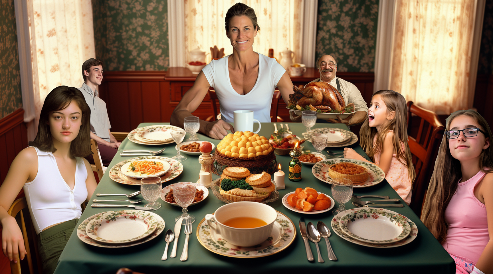 A family is seated around a square dining room table with all of the place settings laid out. The matriarch sits at the head of the table with her white shirt revealing bulging biceps. The matriarch's tiny husband stands at her side holding up a massive roast bird on a pattern. On the right side of the table are are two girls, one very young the other a preteen. On the left side of the table is a tiny man and his much larger date.