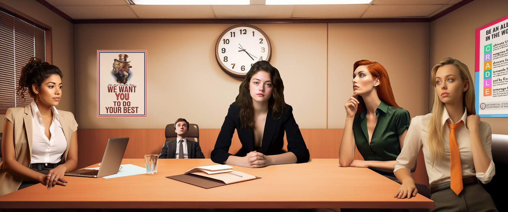 Four giant women and one tiny man are sitting around a table in a cramped conference room. The woman on one end of the conference table has her laptop out and open in front of her. One poster on the wall features a female Uncle Sam and states: Like Aunt Samantha Says... We Want You to Do Your Best. On the other wall a half-visible poster advocates for women to be allies of men in the workplace.