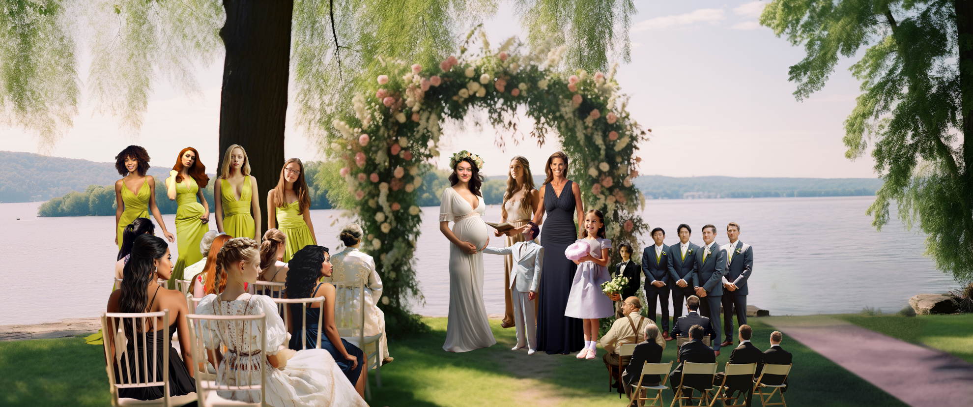 An outdoor wedding scene on the shore of a vast lake or river on a sunny day. All of the women are twice the height of all of the men. Even the young flower girl is nearly a head taller than the groom.