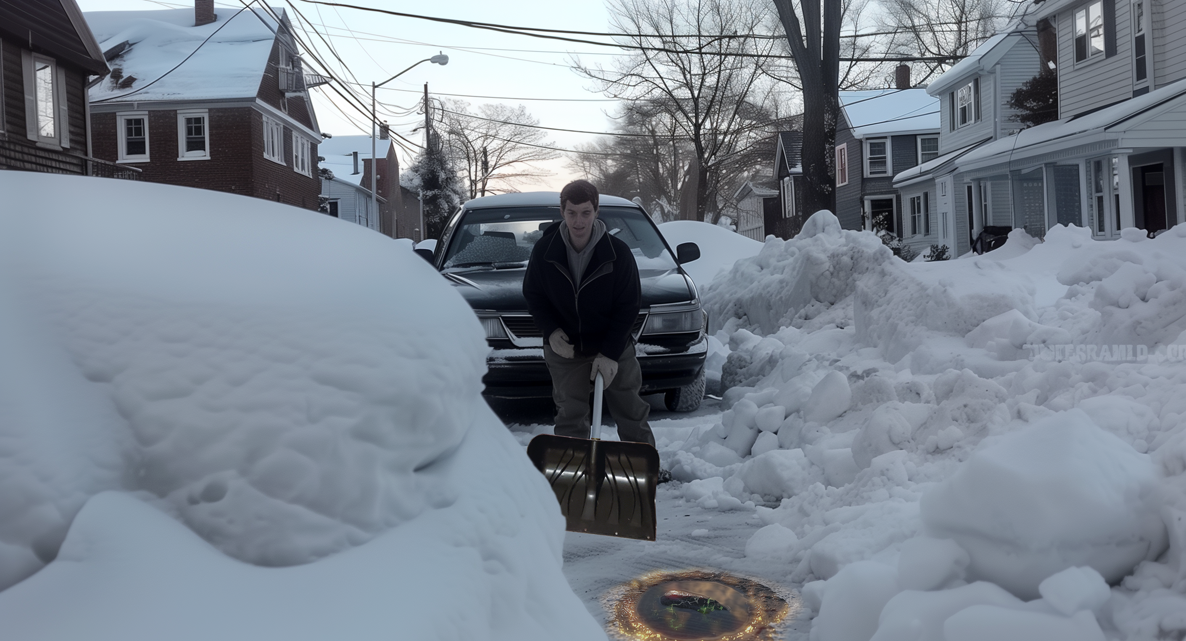 A young male college student is shoveling snow after a massive snowstorm. In the foreground, a mysterious stone sits in a puddle amidst the stone.