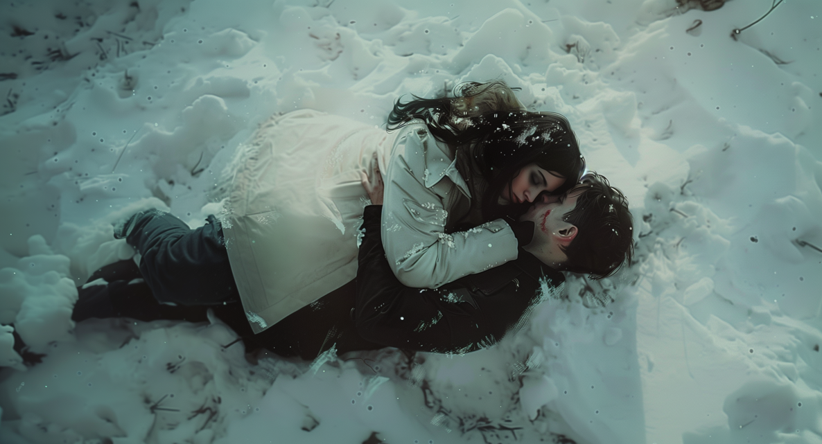 A young male college student is lying on his back bruised and bloodied in the snow. A young woman with dark hair and a pale complexion is on top of him, cradling for warmth. She appears uninjured and even has rosy cheeks.