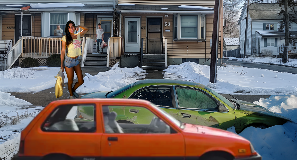 Two cars are double-parked on the side of a snowy street. In the background, are a row of poorly maintained townhouses. A young man is standing on the porch of one holding a plastic bag full of bloody clothes. A heavier young man is peering out of the window of the same house. On the front walk, a tall muscular young woman is wearing a yellow t-shirt with a flower on it and cutoff denim shorts. She is carrying a yellow comforter in her hand.