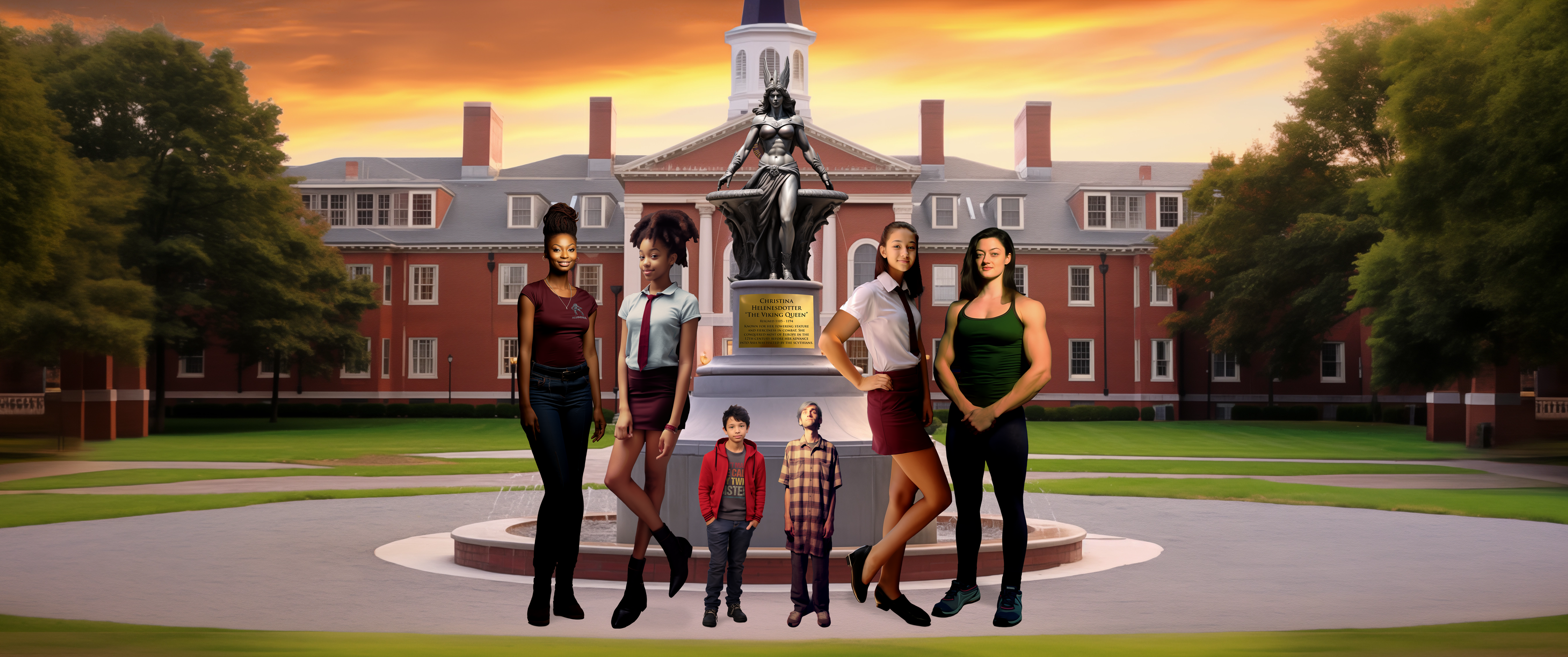 A group is posing for a photo in front of a fountain at an elite boarding school. On either end are tall women. Standing next to each of them are teenage girls wearing matching school uniforms. In the middle, a man and his son are half the height of the rest of the ladies.